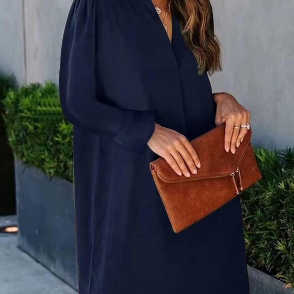 Women's Summer Casual V Neck Shift Dress Long Sleeve Polyester Size Large - Picture 3 of 5